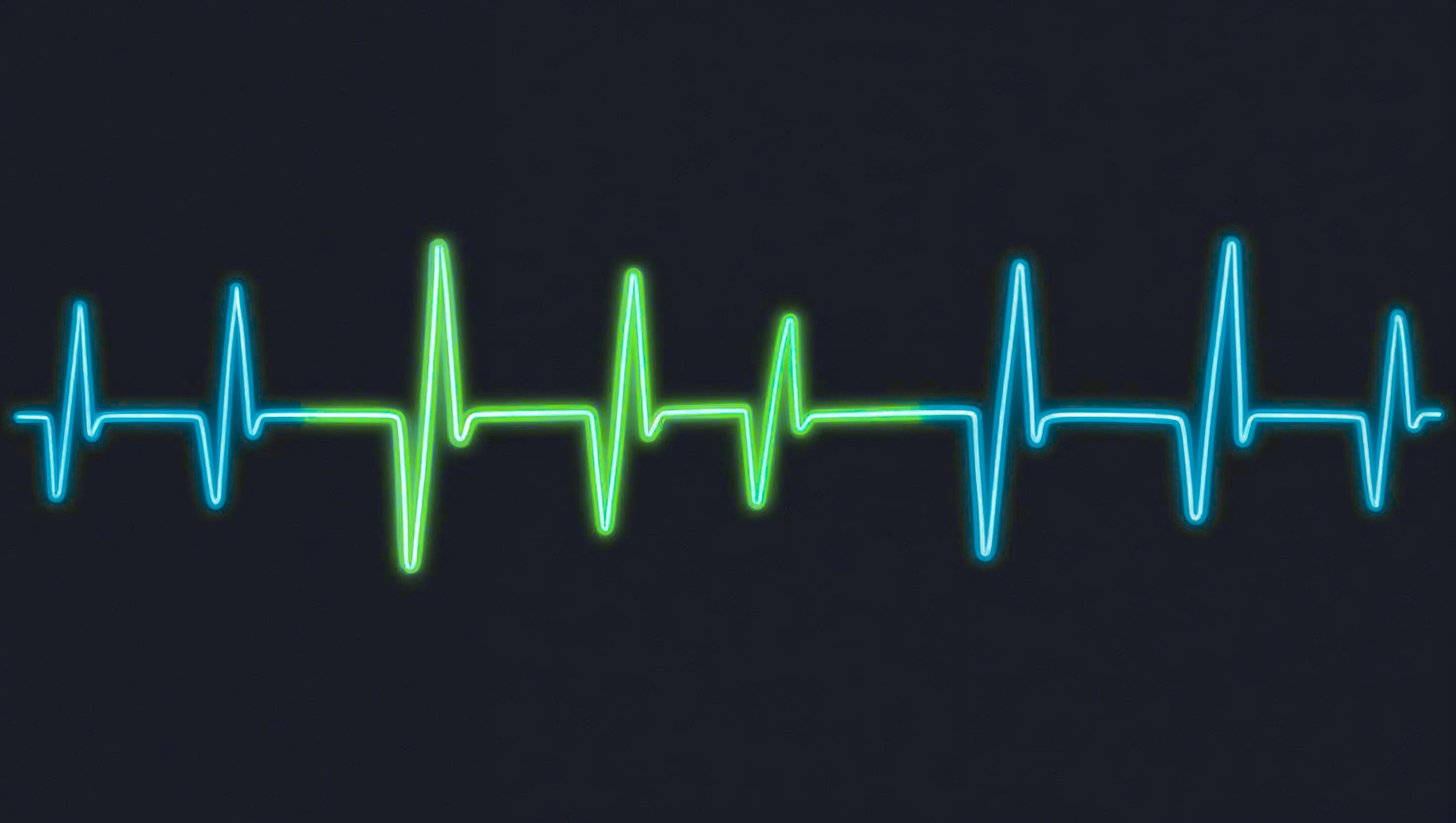 An electrocardiogram (ECG) line with alternating blue and green neon spikes on a dark background, depicting a heartbeat pattern with regular peaks and valleys.